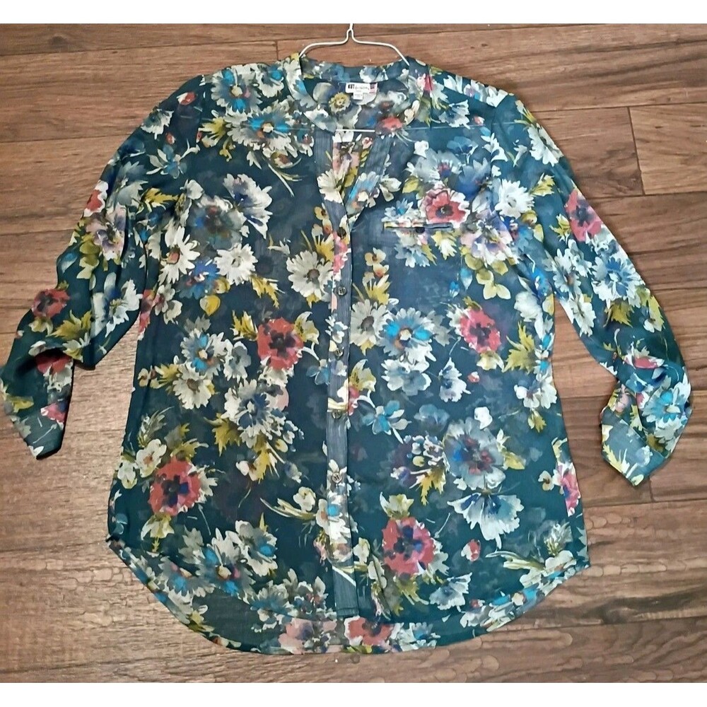 Sz LRG Kut From The Kloth USA Green Sheer See Thru Multi Floral Button Front Top